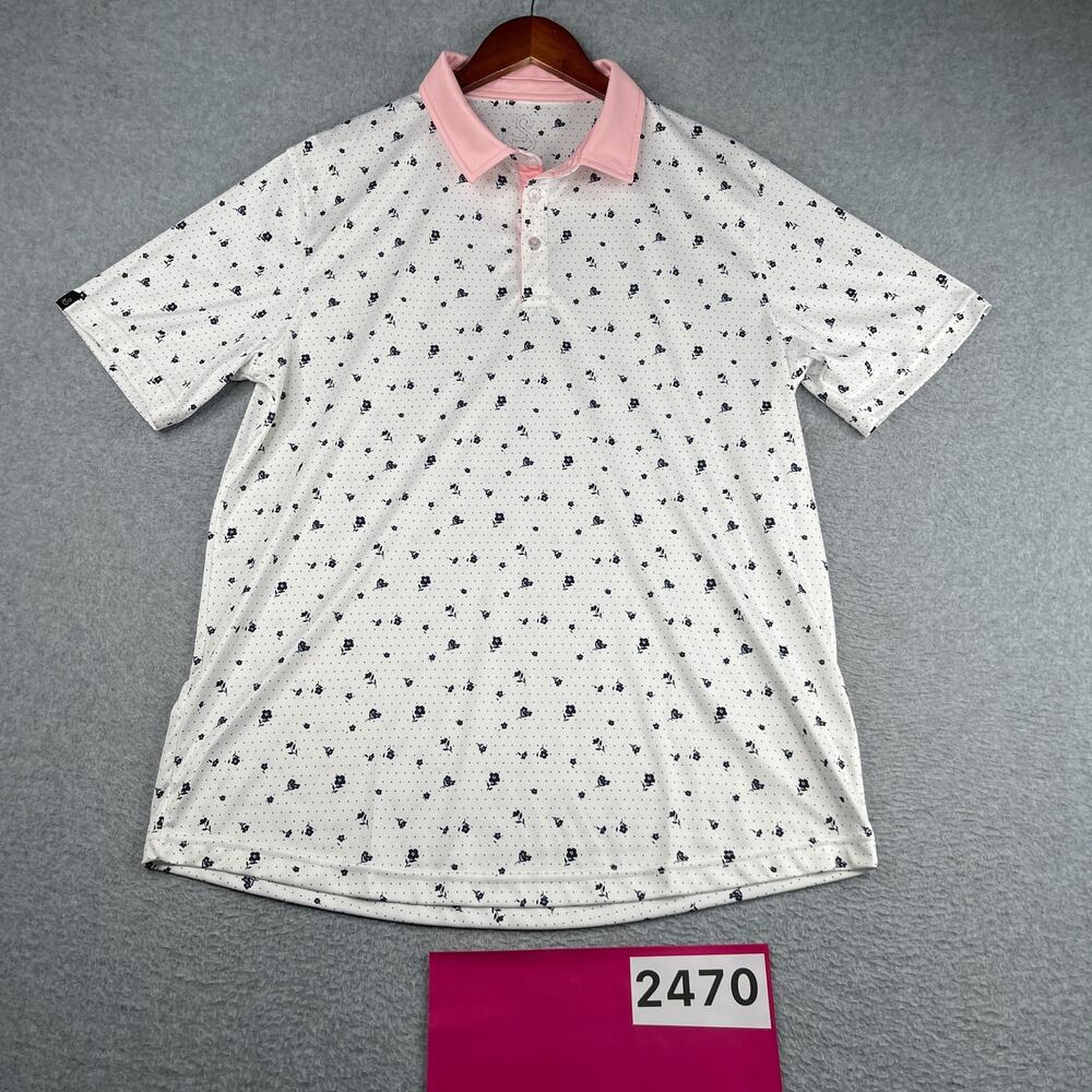 Swannies Golf Performance Polo Shirt White Navy Flower Stretch casual Mens Large